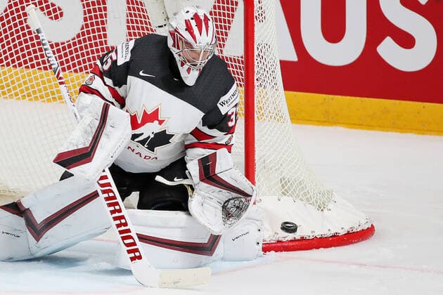 RIGA, LATVIA - JUNE 6, 2021: Canadian goaltender Darcy Kuemper defends the net in their 2021 IIHF World Championship, WM, Weltmeisterschaft Final Ice hockey, Eishockey match at Arena Riga. Natalia Fedosenko TASS  TS103E8D