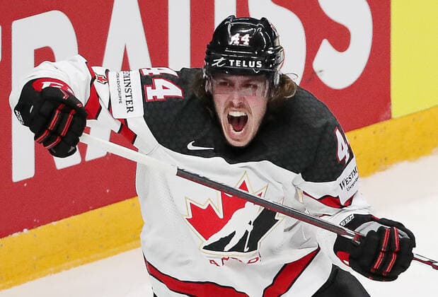RIGA, LATVIA - JUNE 6, 2021: Canada s Max Comtois celebrates scoring a goal against Finland in their 2021 IIHF World Championship, WM, Weltmeisterschaft Final Ice hockey, Eishockey match at Arena Riga. Natalia Fedosenko TASS  TS103E88
