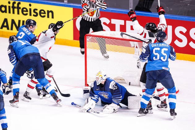 06 06 2021, Riga, Arena Riga, Final Finland Canada 2021 IIHF Ice Hockey World Championship , 14 Adam Henrique Canada celebrates his goal for the 2 2 with 44 Maxime Comtois Canada Riga Riga Latvia  Copyright: xJustPictures.ch JarixPestelaccix