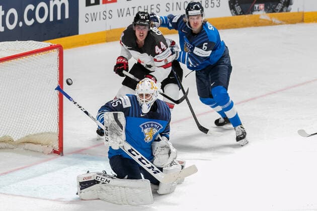 Olkinuora (FIN) Comtois (CAN) during World Championship, WM, Weltmeisterschaft 2021 - Gold Medal - Finland vs Canada, Ice hockey, Eishockey in Riga, Latvia, June 06 2021  Copyright: xLiveMedia AndreaxRex xIPAx xLiveMediax 0