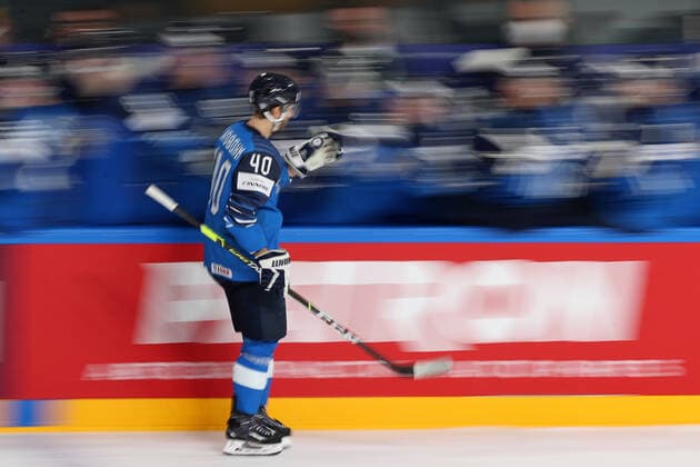 RIGA, LATVIA - JUNE 6, 2021: Finland s Petteri Lindbohm celebrates scoring a goal against Canada in their 2021 IIHF World Championship, WM, Weltmeisterschaft Final Ice hockey, Eishockey match at Arena Riga. Natalia Fedosenko TASS  TS103E97