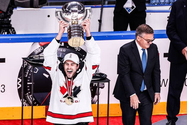 06 06 2021, Riga, Arena Riga, Final Finland Canada 2021 IIHF Ice Hockey World Championship , Canada is world champion 2021 14 Adam Henrique Canada receives the trophy from IIHF president Rene Fasel Riga Riga Latvia  Copyright: xJustPictures.ch JarixPestelaccix