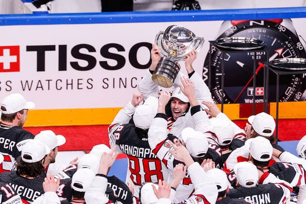 06 06 2021, Riga, Arena Riga, Final Finland Canada 2021 IIHF Ice Hockey World Championship , Canada is world champion 2021 14 Adam Henrique Canada with trophy with 88 Andrew Mangiapane Canada Riga Riga Latvia  Copyright: xJustPictures.ch JarixPestelaccix