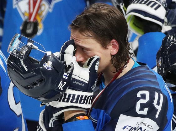 RIGA, LATVIA - JUNE 6, 2021: Finland s Hannes Bjorninen faces defeat by Canada in their 2021 IIHF World Championship, WM, Weltmeisterschaft Final Ice hockey, Eishockey match at Arena Riga; Canada won 3-2 in overtime. Natalia Fedosenko TASS  TS103EBE