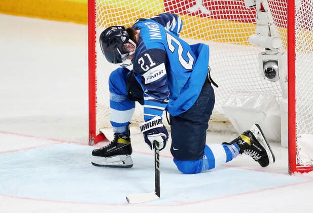 RIGA, LATVIA - JUNE 6, 2021: Finland s Jere Innala faces his team s defeat by Canada in their 2021 IIHF World Championship, WM, Weltmeisterschaft Final Ice hockey, Eishockey match at Arena Riga; Canada won 3-2 in overtime. Natalia Fedosenko TASS  TS103EC6