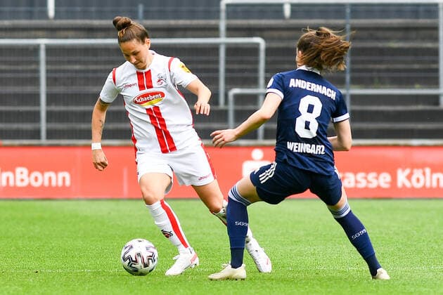 v li Sabrina Horvat Köln, 3 , Maren Weingartz SG 99 Andernach, 8 , Zweikampf, Duell, duel, tackle, tackling, Dynamik, Action, Aktion, 06 06 2021, Köln Deutschland , Fussball, 2 Frauen Bundesliga Süd, 1 FC Köln SG 99 Andernach, DFB DFL REGULATIONS PROHIBIT ANY USE OF PHOTOGRAPHS AS IMAGE SEQUENCES AND OR QUASI VIDEO xmhx