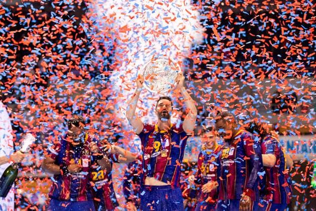June 7, 2021, Santander, Cantabria, SPAIN: RAUL ENTRERRIOS (9) from Barca celebrating their win during the 31 Copa Sacyr Asobal final match between Liberbank Cantabria Sinfin and FC Barcelona, Barca Handball at Palacio de Deportes de Santander. Barca won 33:23 Santander SPAIN - ZUMAf312 20210607_znp_f312_020 Copyright: xEduxDelxFresnox
