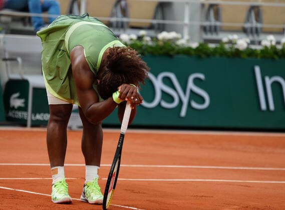 (210607) -- PARIS, June 7, 2021 -- Serena Williams of the United States reacts during the women s singles fourth round match between Serena Williams of the United States and Elena Rybakina of Kazakhstan at the French Open tennis tournament at Roland Garros in Paris, France, June 6, 2021. ) (SP)FRANCE-PARIS-TENNIS-ROLAND GARROS-FRENCH OPEN-WOMEN S SINGLES GaoxJing 