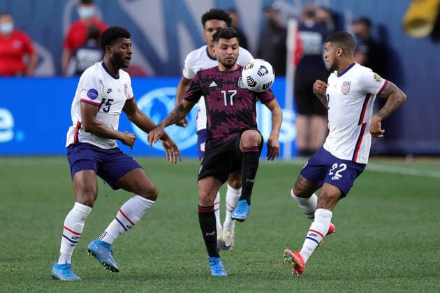 DENVER, CO - JUNE 06: Mexico forward Jesus Corona (17) battles with United States defender DeAndre Yedlin (22) and United States defender Mark McKenzie (15) in action during the CONCACAF Nations League finals between Mexico and the United States on June 06, 2021, at Empower Field at Mile High in Denver, CO. (Photo by Robin Alam Icon Sportswire) SOCCER: JUN 06 Concacaf Nations League Final - Mexico v United States Icon164210606003