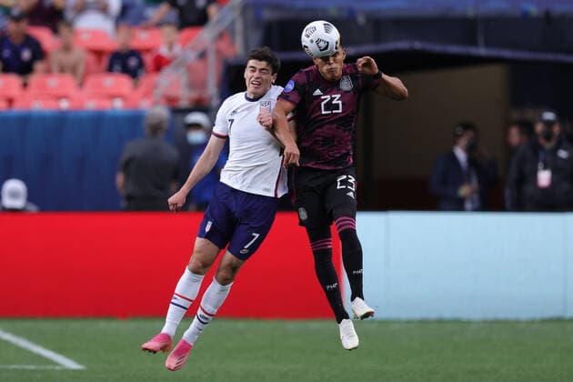 DENVER, CO - JUNE 06: United States forward Gio Reyna (7) battles with Mexico midfielder Jesus Gallardo (23) in action during the CONCACAF Nations League finals between Mexico and the United States on June 06, 2021, at Empower Field at Mile High in Denver, CO. (Photo by Robin Alam Icon Sportswire) SOCCER: JUN 06 Concacaf Nations League Final - Mexico v United States Icon164210606010