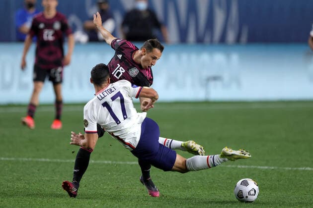 DENVER, CO - JUNE 06: Mexico midfielder Andres Guardado (18) battles with United States midfielder Sebastian Lletget (17) in action during the CONCACAF Nations League finals between Mexico and the United States on June 06, 2021, at Empower Field at Mile High in Denver, CO. (Photo by Robin Alam Icon Sportswire) SOCCER: JUN 06 Concacaf Nations League Final - Mexico v United States Icon164210606019
