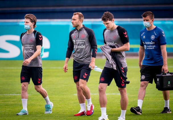 Christian Eriksen, Mathias Jensen and Andreas Christensen during national team training in Helsingoer, Monday 7 June 2021, Copenhagen Denmark  Copyright: Ritzau Scanpix LiselottexSabroex COP101 spdk20210607-122901-L