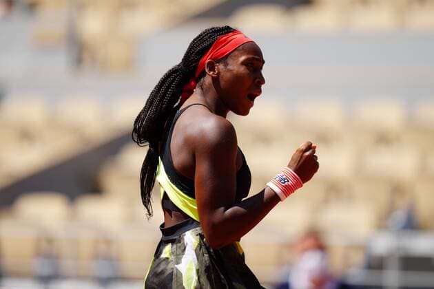 Mandatory Credit: Photo by Javier Garcia BPI Shutterstock (12019129bj) Coco Gauff celebrates breaking in the first game of the second set French Open Tennis, Day Nine, Roland Garros, Paris, France - 07 Jun 2021 French Open Tennis, Day Nine, Roland Garros, Paris, France - 07 Jun 2021  Copyright: xJavierxGarcia BPI Shutterstockx 12019129bj