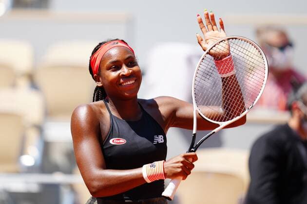 Mandatory Credit: Photo by Javier Garcia BPI Shutterstock (12019129cq) Coco Gauff celebrates French Open Tennis, Day Nine, Roland Garros, Paris, France - 07 Jun 2021 French Open Tennis, Day Nine, Roland Garros, Paris, France - 07 Jun 2021  Copyright: xJavierxGarcia BPI Shutterstockx 12019129cq