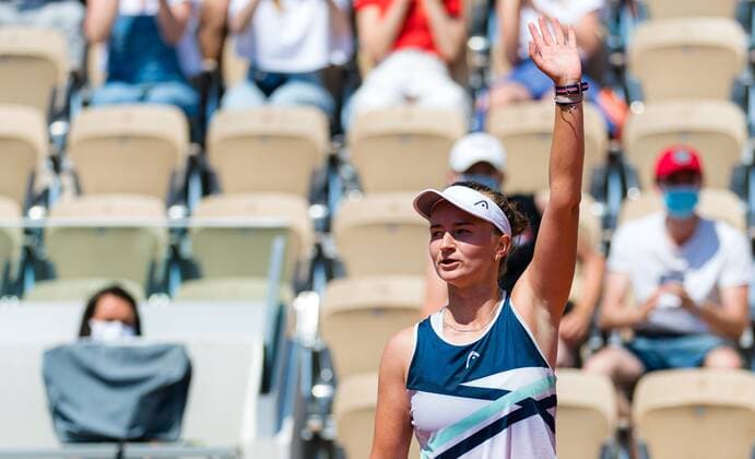 Mandatory Credit: Photo by Rob Prange Shutterstock (12019128k) Barbora Krejcikova of the Czech Republic in action during the fourth round of the 2021 Roland Garros Grand Slam Tournament French Open Tennis, Day Nine, Roland Garros, Paris, France - 07 Jun 2021 French Open Tennis, Day Nine, Roland Garros, Paris, France - 07 Jun 2021  Copyright: xRobxPrange Shutterstockx 12019128k
