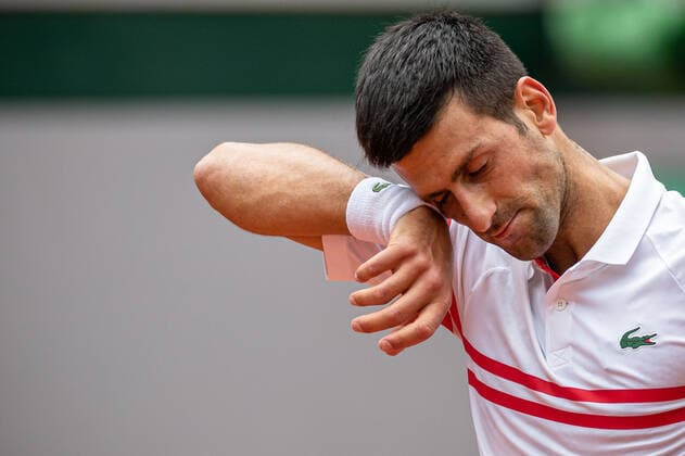 Novak DJOKOVIC of Serbia reacts during the men s single against Lorenzo MUSETTI of Italy on the fourth round of the French Open tennis tournament at Roland Garros in Paris, France, 7 June 2021.  Copyright: xAurelienxMorissardx