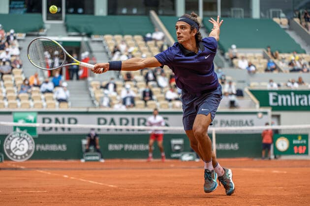 Lorenzo MUSETTI of Italy plays a ball during the men s single against Novak DJOKOVIC of Serbia on the fourth round of the French Open tennis tournament at Roland Garros in Paris, France, 7 June 2021.  Copyright: xAurelienxMorissardx