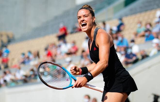 Mandatory Credit: Photo by Rob Prange Shutterstock (12019128ay) Maria Sakkari of Greece reacts to winning the fourth round match at the 2021 Roland Garros Grand Slam Tournament French Open Tennis, Day Nine, Roland Garros, Paris, France - 07 Jun 2021 French Open Tennis, Day Nine, Roland Garros, Paris, France - 07 Jun 2021  Copyright: xRobxPrange Shutterstockx 12019128ay