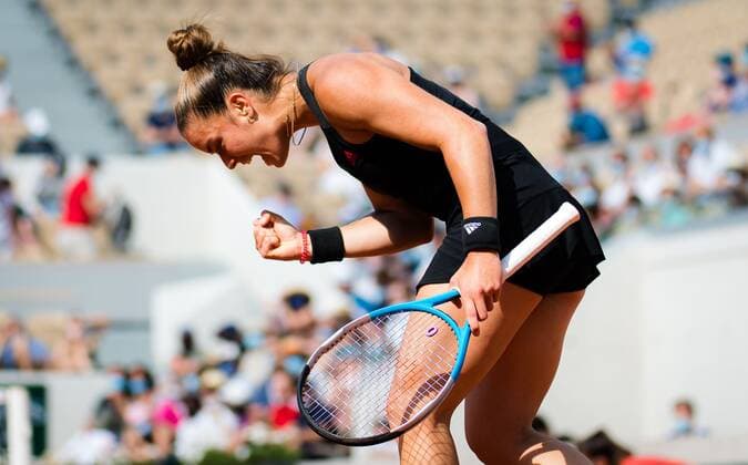 Mandatory Credit: Photo by Rob Prange Shutterstock (12019128aw) Maria Sakkari of Greece reacts to winning the fourth round match at the 2021 Roland Garros Grand Slam Tournament French Open Tennis, Day Nine, Roland Garros, Paris, France - 07 Jun 2021 French Open Tennis, Day Nine, Roland Garros, Paris, France - 07 Jun 2021  Copyright: xRobxPrange Shutterstockx 12019128aw