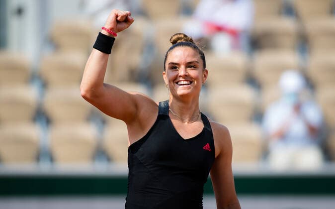June 7, 2021: Maria Sakkari of Greece reacts to winning the fourth round match at the 2021 Roland Garros Grand Slam Tournament against Sofia Kenin of United States - ZUMAa181 20210607_zaa_a181_055 Copyright: xRobxPrangex