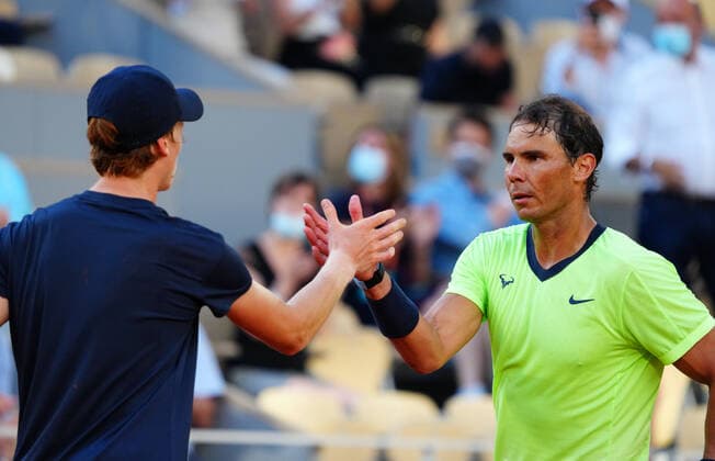 Mandatory Credit: Photo by Javier Garcia BPI Shutterstock (12019129le) Rafael Nadal celebrates winning his fourth round match and is congratulated by Jannik Sinner French Open Tennis, Day Nine, Roland Garros, Paris, France - 07 Jun 2021 French Open Tennis, Day Nine, Roland Garros, Paris, France - 07 Jun 2021  Copyright: xJavierxGarcia BPI Shutterstockx 12019129le