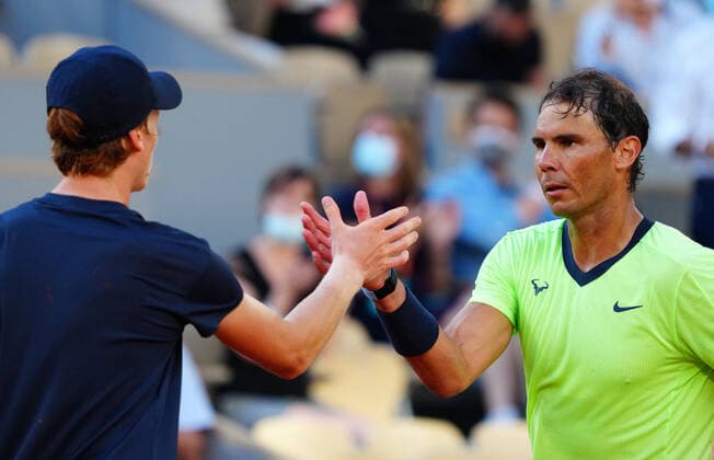 Mandatory Credit: Photo by Javier Garcia BPI Shutterstock (12019129ld) Rafael Nadal celebrates winning his fourth round match and is congratulated by Jannik Sinner French Open Tennis, Day Nine, Roland Garros, Paris, France - 07 Jun 2021 French Open Tennis, Day Nine, Roland Garros, Paris, France - 07 Jun 2021  Copyright: xJavierxGarcia BPI Shutterstockx 12019129ld