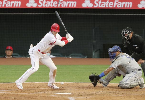 Baseball: Royals vs. Angels Shohei Ohtani of the Los Angeles Angels draws a walk in the second inning of a game against the Kansas City Royals on June 7, 2021, at Angel Stadium in Anaheim, California. 