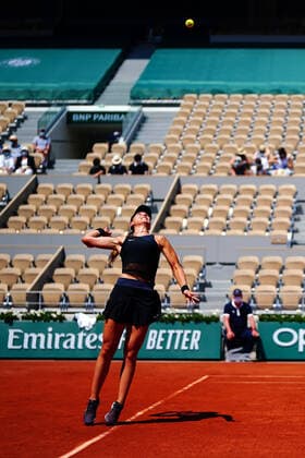 Mandatory Credit: Photo by Javier Garcia BPI Shutterstock (12042203r) Paula Badosa during her quarter final match, notable for it s sparse crowds French Open Tennis, Day Ten, Roland Garros, Paris, France - 08 Jun 2021 French Open Tennis, Day Ten, Roland Garros, Paris, France - 08 Jun 2021  Copyright: xJavierxGarcia BPI Shutterstockx 12042203r
