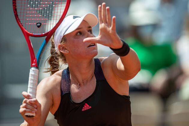 Elena RYBAKINA of Kazakhstan plays a ball during the women s single against Anastasia PAVLYUCHENKOVA of Russia on the Quarter final round of the French Open tennis tournament at Roland Garros in Paris, France, 8 June 2021.  Copyright: xAurelienxMorissardx