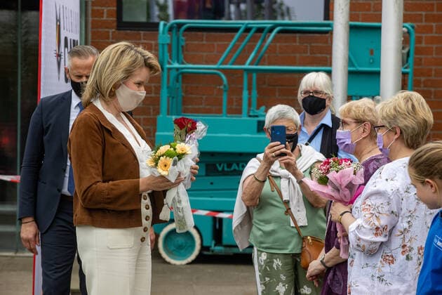 Queen Mathilde of Belgium pictured during a royal visit to the Belgian Cats, the Belgian national women s basketball team, in Kortrijk, Tuesday 08 June 2021. The Belgian Cats are participating in the Olympic Games, Olympische Spiele, Olympia, OS in Tokyo. After a round table discussion, the Queen will attend a training session and have a conversation with the basketball players at the Lange Munte sports campus in Kortrijk. KURTxDESPLENTER  x2809264x