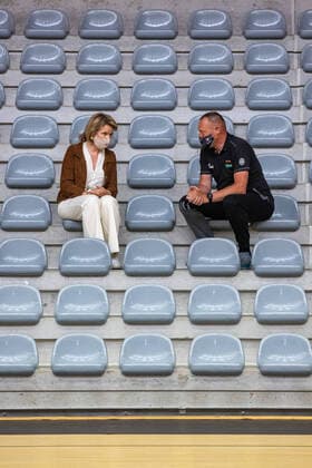 Queen Mathilde of Belgium and Belgian Cats head coach Philip Mestdagh pictured during a royal visit to the Belgian Cats, the Belgian national women s basketball team, in Kortrijk, Tuesday 08 June 2021. The Belgian Cats are participating in the Olympic Games, Olympische Spiele, Olympia, OS in Tokyo. After a round table discussion, the Queen will attend a training session and have a conversation with the basketball players at the Lange Munte sports campus in Kortrijk. KURTxDESPLENTER  x2809299x