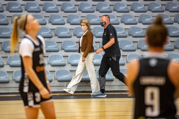 Queen Mathilde of Belgium and Belgian Cats head coach Philip Mestdagh pictured during a royal visit to the Belgian Cats, the Belgian national women s basketball team, in Kortrijk, Tuesday 08 June 2021. The Belgian Cats are participating in the Olympic Games, Olympische Spiele, Olympia, OS in Tokyo. After a round table discussion, the Queen will attend a training session and have a conversation with the basketball players at the Lange Munte sports campus in Kortrijk. KURTxDESPLENTER  x2809306x