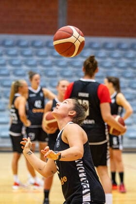 Belgian Cats Marjorie Carpreaux pictured in action during a royal visit to the Belgian Cats, the Belgian national women s basketball team, in Kortrijk, Tuesday 08 June 2021. The Belgian Cats are participating in the Olympic Games, Olympische Spiele, Olympia, OS in Tokyo. After a round table discussion, the Queen will attend a training session and have a conversation with the basketball players at the Lange Munte sports campus in Kortrijk. KURTxDESPLENTER  x2809313x
