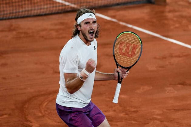 TENNIS - French Open 2021 PARIS,FRANCE,08.June.21 - TENNIS - ATP, Tennis Herren World Tour, French Open, Roland Garros, Grand Slam. Image shows the rejoicing of Stefanos Tsitsipas (GRE).  GEPAxpictures xPatrickxSteiner