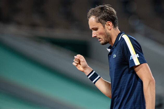 (210609) -- PARIS, June 9, 2021 -- Daniil Medvedev of Russia celebrates during the men s singles quarterfinal match between Stefanos Tsitsipas of Greece and Daniil Medvedev of Russia at the French Open tennis tournament at Roland Garros in Paris, France, June 8, 2021. (Photo by Xinhua) (SP)FRANCE-PARIS-TENNIS-ROLAND GARROS-FRENCH OPEN-MEN S SINGLES-DAY 10 AurelienxMorissard 