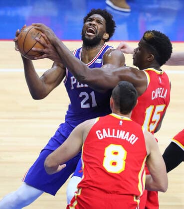 June 8, 2021, Philadelphia, PA, USA: The Philadelphia 76ers Joel Embiid (21) drives against the Atlanta Hawks Clint Capela (15) against during the first half in Game 2 of the Eastern Conference semifinals at the Wells Fargo Center on Tuesday, June 8, 2021, in Philadelphia. Philadelphia USA - ZUMAm67_ 1003073173st Copyright: xCurtisxComptonx