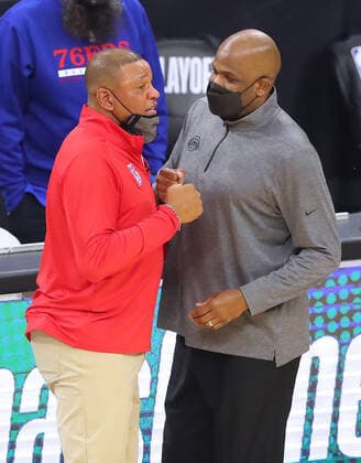 June 8, 2021, Philadelphia, PA, USA: Atlanta Hawks interim head coach Nate McMillan, right, and Philadelphia 76ers head coach Doc Rivers greet each other with a fist bump ahead of Game 2 of the Eastern Conference semifinals at the Wells Fargo Center on Tuesday, June 8, 2021, in Philadelphia. Philadelphia USA - ZUMAm67_ 1003073174st Copyright: xCurtisxComptonx
