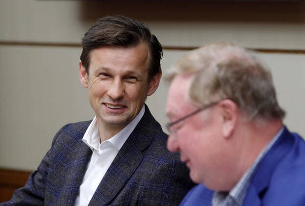 MOSCOW, RUSSIA - JUNE 9, 2021: Zenit St Petersburg head coach Sergei Semak (L) and Russian Book Union President Sergei Stepashin attend a roundtable meeting on Russian football history held by the Russian Historical Society in the run-up to the 2020 UEFA European Football Championship. Mikhail Japaridze TASS  TS104186