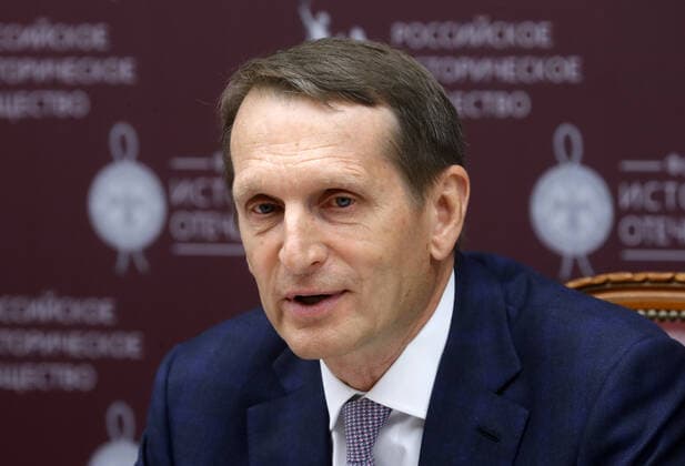 MOSCOW, RUSSIA - JUNE 9, 2021: Sergei Naryshkin, Chairman of the Russian Historical Society, holds a roundtable meeting on Russian football history in the run-up to the 2020 UEFA European Football Championship. Mikhail Japaridze TASS  TS104187