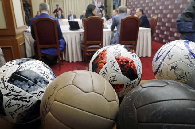 MOSCOW, RUSSIA - JUNE 9, 2021: Balls arranged during a roundtable meeting on Russian football history held by the Russian Historical Society in the run-up to the 2020 UEFA European Football Championship. Mikhail Japaridze TASS  TS104189