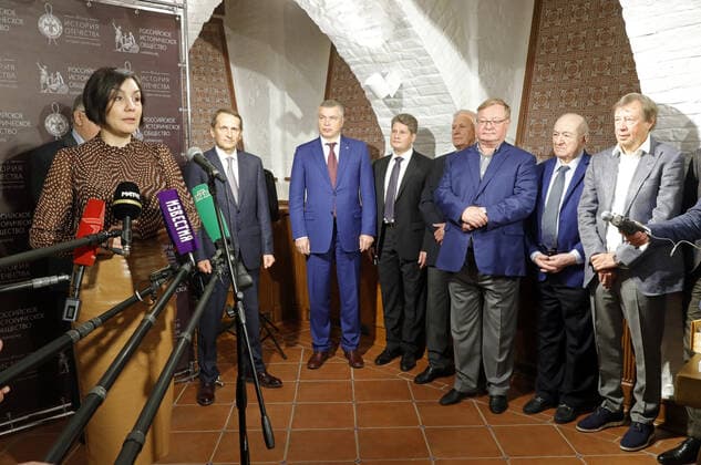 MOSCOW, RUSSIA - JUNE 9, 2021: State Museum of Director Yelena Istyagina-Yeliseyeva, Russian Historical Society Chairman Sergei Naryshkin, Dynamo Society Chairman Anatoly Gulevsky, Dynamo Production Centre head Mikhail Tyurkin, Russian Football Union Honorary President Vyacheslav Koloskov, Dynamo Moscow Board member Sergei Stepashin, Russian Football Union Vice President Nikita Simonyan and Lokomotiv Moscow veteran head coach Yuri Semin (L-R) attend a ceremony to open an exhibition titled Milestones in Russian Football History in the run-up to the 2020 UEFA European Football Championship. Mikhail Japaridze TASS  TS10419E