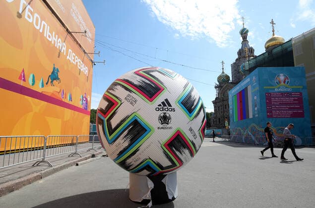 ST PETERSBURG, RUSSIA â€“ JUNE 9, 2021: Uniforia, the official match ball for UEFA EURO, EM, Europameisterschaft,Fussball 2020, at the opening of a football village in Konyushennaya Square ahead of the UEFA Euro 2020 Championship. Entry to the fan zone is free and does not require a Fan-ID or a negative PCR test for coronavirus; no more than 5 thousand people will be allowed in. Alexander Demianchuk TASS  TS1041F2