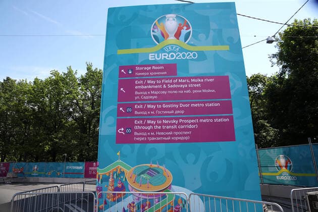 ST PETERSBURG, RUSSIA â€“ JUNE 9, 2021: A direction sign at at a football village in Konyushennaya Square ahead of the UEFA EURO, EM, Europameisterschaft,Fussball 2020 Championship. Entry to the fan zone is free and does not require a Fan-ID or a negative PCR test for coronavirus; no more than 5 thousand people will be allowed in. Alexander Demianchuk TASS  TS104206