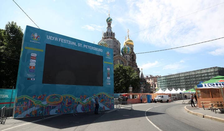 ST PETERSBURG, RUSSIA â€“ JUNE 9, 2021: A screen at a football village in Konyushennaya Square ahead of the UEFA EURO, EM, Europameisterschaft,Fussball 2020 Championship. Entry to the fan zone is free and does not require a Fan-ID or a negative PCR test for coronavirus; no more than 5 thousand people will be allowed in. Alexander Demianchuk TASS  TS104207