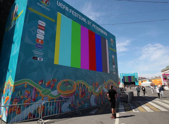 ST PETERSBURG, RUSSIA â€“ JUNE 9, 2021: A screen at a football village in Konyushennaya Square ahead of the UEFA EURO, EM, Europameisterschaft,Fussball 2020 Championship. Entry to the fan zone is free and does not require a Fan-ID or a negative PCR test for coronavirus; no more than 5 thousand people will be allowed in. Alexander Demianchuk TASS  TS104208