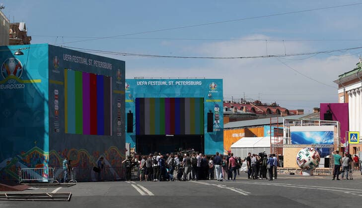 ST PETERSBURG, RUSSIA â€“ JUNE 9, 2021: A football village in Konyushennaya Square ahead of the UEFA EURO, EM, Europameisterschaft,Fussball 2020 Championship. Entry to the fan zone is free and does not require a Fan-ID or a negative PCR test for coronavirus; no more than 5 thousand people will be allowed in. Alexander Demianchuk TASS  TS104210