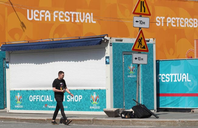 ST PETERSBURG, RUSSIA â€“ JUNE 9, 2021: Banners and barriers at a football village in Konyushennaya Square ahead of the UEFA EURO, EM, Europameisterschaft,Fussball 2020 Championship. Entry to the fan zone is free and does not require a Fan-ID or a negative PCR test for coronavirus; no more than 5 thousand people will be allowed in. Alexander Demianchuk TASS  TS10421B