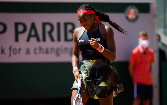 June 9, 2021, PARIS, FRANCE: Cori Gauff of the United States in action during the quarter-finals of the 2021 Roland Garros Grand Slam Tournament against Barbora Krejcikova of the Czech Republic PARIS FRANCE - ZUMAa181 20210609_zaa_a181_023 Copyright: xRobxPrangex