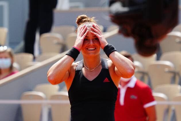Mandatory Credit: Photo by Javier Garcia BPI Shutterstock (12046068ha) Maria Sakkari reacts after winning French Open Tennis, Day Eleven, Roland Garros, Paris, France - 09 Jun 2021 French Open Tennis, Day Eleven, Roland Garros, Paris, France - 09 Jun 2021  Copyright: xJavierxGarcia BPI Shutterstockx 12046068ha