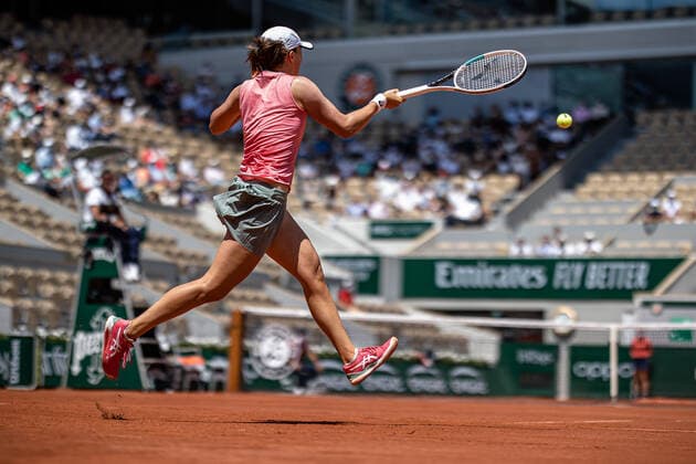 Iga SWIATEK of Poland plays a ball during her women s single against Maria SAKKARI of Greece on the Quarter final round of the French Open tennis tournament at Roland Garros in Paris, France, 9 June 2021.  Copyright: xAurelienxMorissardx
